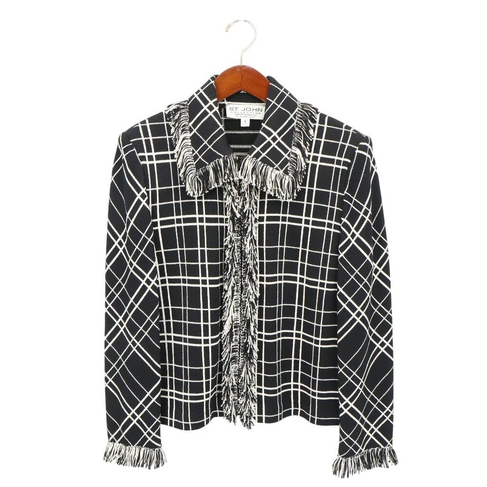 St. John Collection Fringe Trim Black White Windowpane Santana Knit Jacket 8